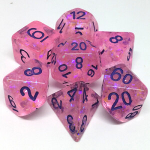 Metallic Dice Games Dés d&d 7pc flash rosés avec chiffres noirs (d4, d6, d8, 2 x d10, d12, d20) 680599383892