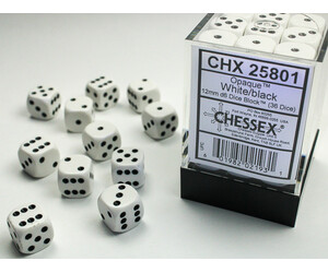 Chessex Dés 36d6 12mm opaque blanc avec points noirs 601982021931