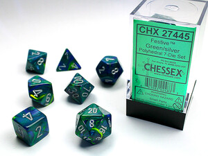 Chessex Dés d&d 7pc Festive vert avec chiffres argentés (d4, d6, d8, 2 x d10, d12, d20) 601982024833