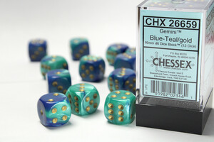 Chessex Dés 12d6 16mm Gemini bleu/sarcelle avec points or 601982023461