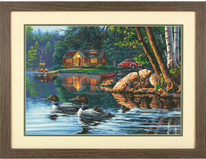 Dimensions PaintWorks Peinture à numéro Chalet baie traquille et canards 20x14" 91474 088677914745