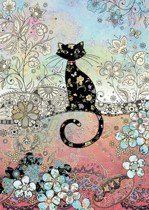 Bug Art Carte fête Chat noir et fleurs sans texte 5033678340388