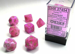 Chessex Dés d&d 7pc Vortex rose nanane avec chiffres dorés (d4, d6, d8, 2 x d10, d12, d20) 601982024888