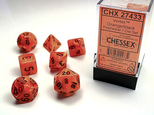 Chessex Dés d&d 7pc Vortex orange avec chiffres noirs (d4, d6, d8, 2 x d10, d12, d20) 601982024734