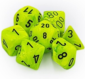 Chessex Dés d&d 7pc  Mini Vortex Vert Pétant avec chiffres noirs 601982035181