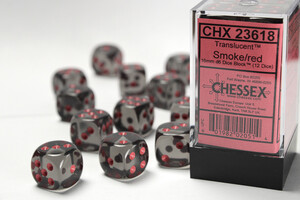 Chessex Dés 12d6 16mm transparents fumée avec points rouges 601982020514