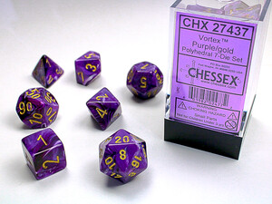 Chessex Dés d&d 7pc Vortex violet avec chiffres dorés (d4, d6, d8, 2 x d10, d12, d20) 601982024772