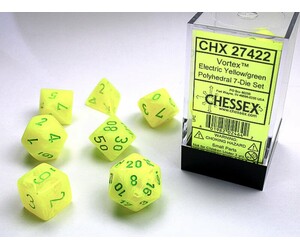 Chessex Dés d&d 7pc vortex jaune électrique avec chiffres verts (d4, d6, d8, 2 x d10, d12, d20) 601982024642