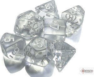 Chessex Dés d&d 7pc transparents clair avec chiffres blancs (d4, d6, d8, 2 x d10, d12, d20) 601982009892