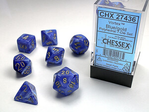 Chessex Dés d&d 7pc Vortex bleu avec chiffres dorés (d4, d6, d8, 2 x d10, d12, d20) 601982024765