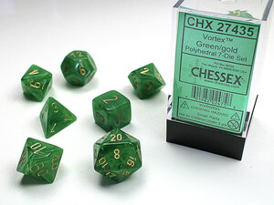 Chessex Dés d&d 7pc Vortex vert avec chiffres dorés (d4, d6, d8, 2 x d10, d12, d20) 601982024758