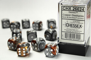 Chessex Dés 12d6 16mm Gemini cuivre/acier avec points blancs 601982023201